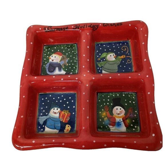VTG Vigor Snowman Serving Appetizer Platter Ceramic Four Compartment Christmas - Picture 1 of 8
